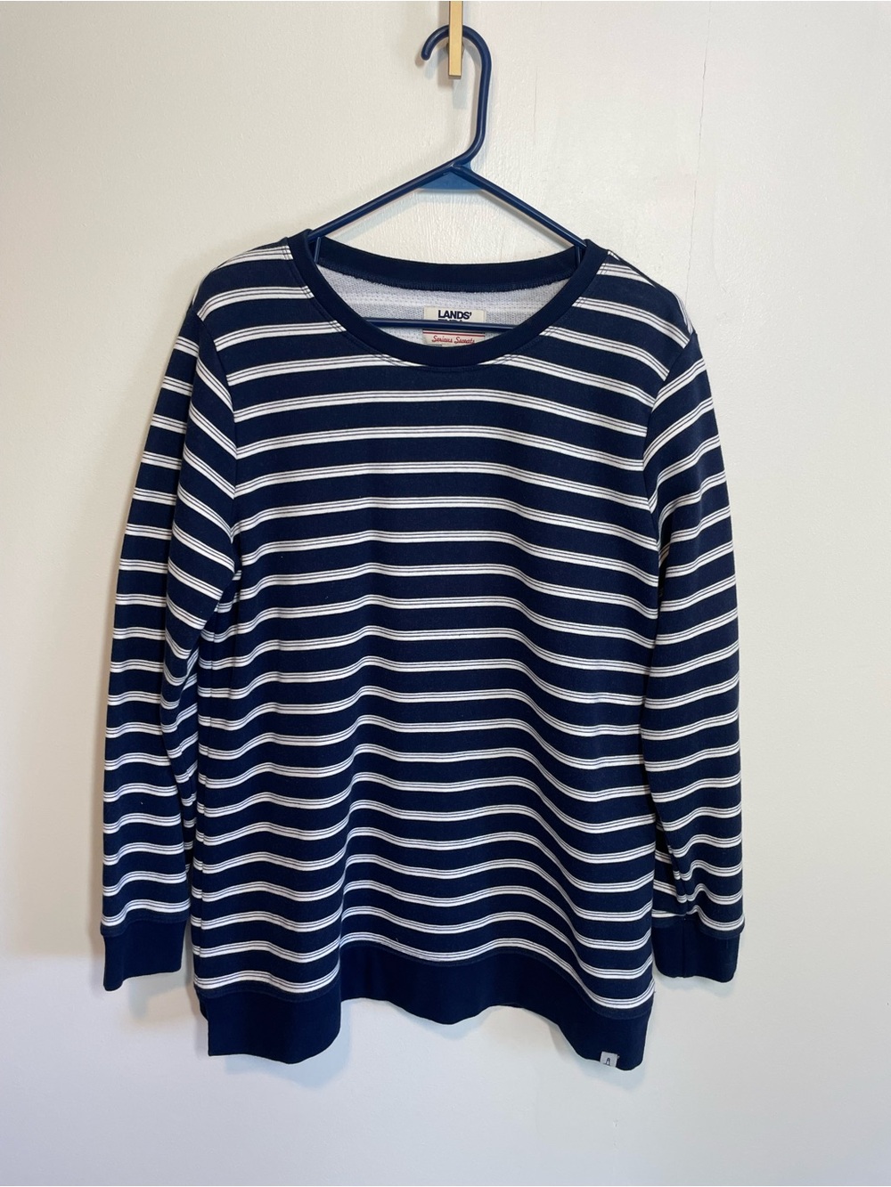 Lands' End Navy and White Striped Crewneck Sweater - Size L